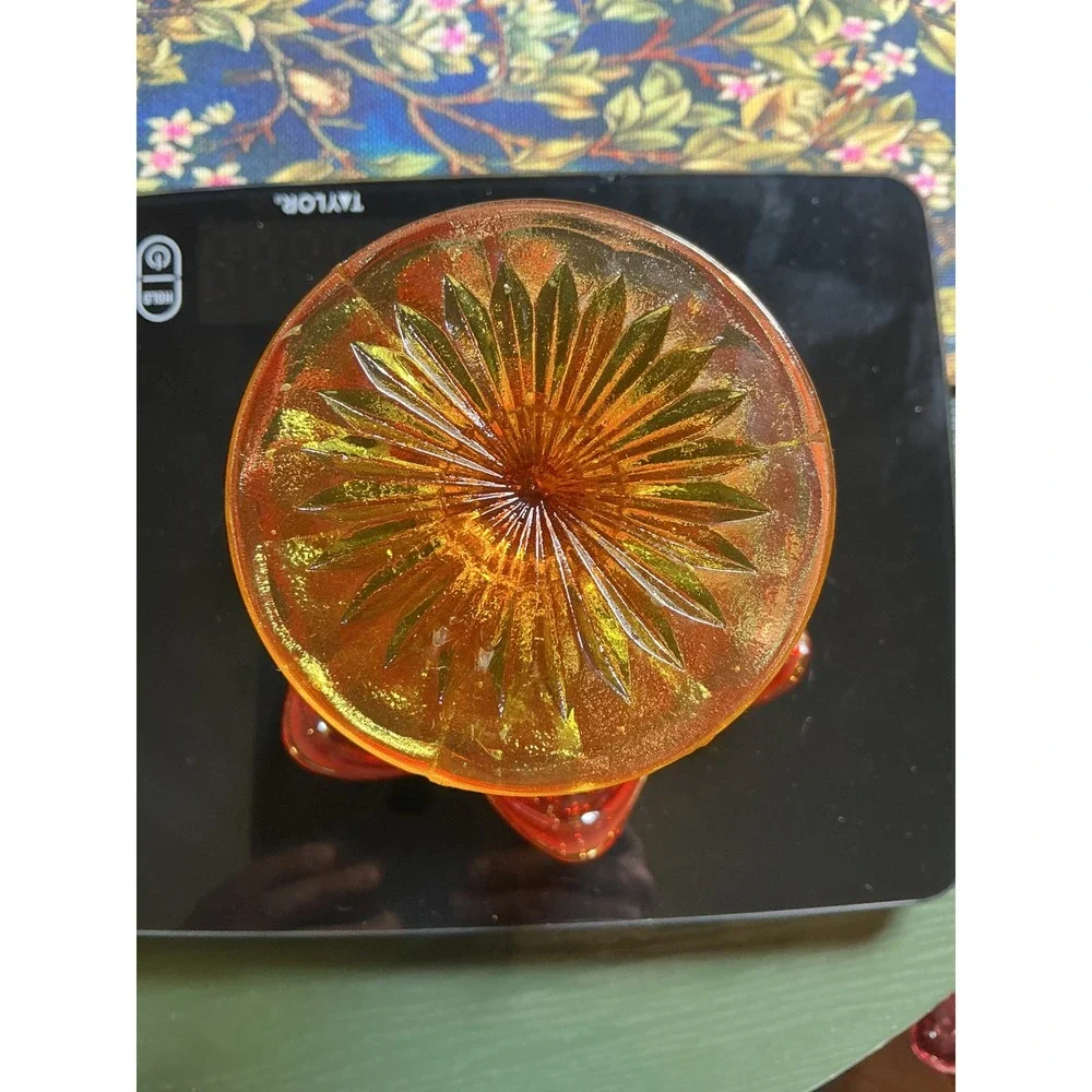 Vintage Amberina Glass Ruffled Compote Dish Diamond Point Pedestal Red‎ Yellow